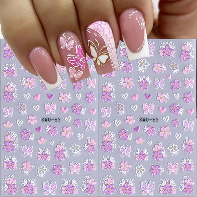 4 Sheets Flower Nail Stickers for Nail Art Embossed Floral Butterfly Nail Decals 5D Self-Adhesive Heart Butterfly Nail Design Decals Pink White Flowers Nail Art Stickers for Women Girls Nail Decor