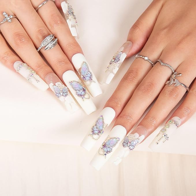 LOVFUL Press on Nails Holly Blue| Handmade with Full Covered Crystals| Reusable Fake Nails| Square Mid length 1.7in| H23-S