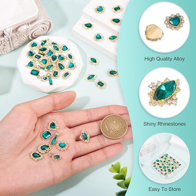 KISSITTY 48pcs Nail Art Rhinestones Flat Back Rhinestone Crystal Cabochons Green Color Heart Teardrop Rectangle Shape Small Embellishments for Nail Art Craft Decoration Jewelry Making