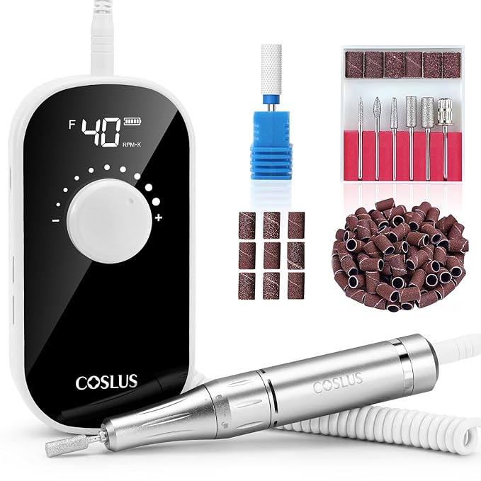 COSLUS Professional Rechargeable Electric Nail Drill 40000 RPM, Portable Nail File with Storage Stand for Acrylic Gel Polishing Removing - Easy to Use for Women, Manicure at Home DIY or Salon, White