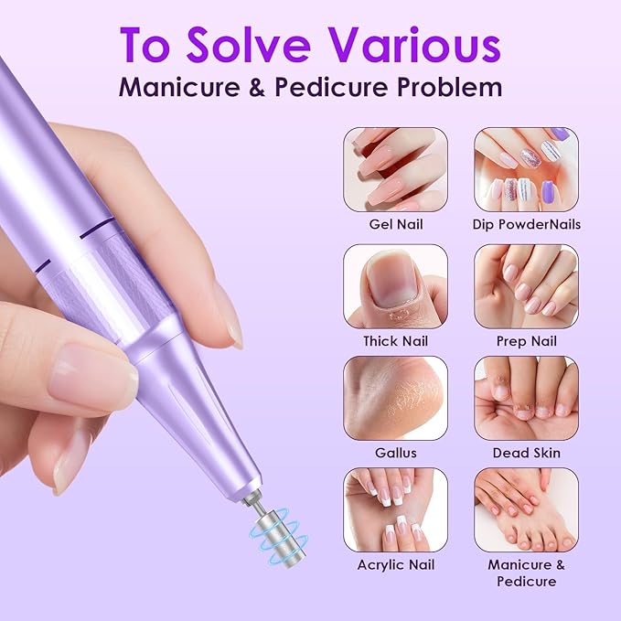 Professional Electric Nail Drill 45000RPM (Portable & Rechargeable) (with 11 Drill Bits ) Cordless Nail File Machine for Shaping, Polishing & Removing Gel Nails for Salon Home(Purple)