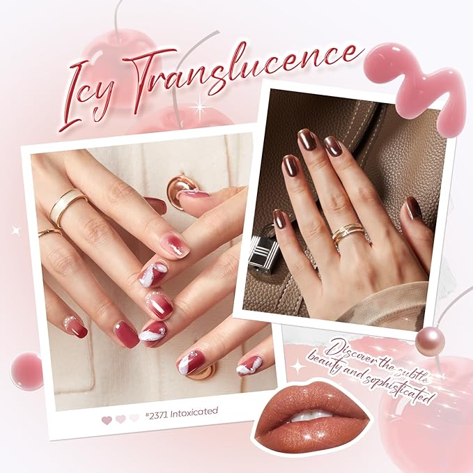 Modelones Jelly Gel Nail Polish Kit with UV Light, Christmas Sheer Pink Nude Red Brown Jelly Gel Polish with Base Top Coat Pearl Chrome Powder 4 Transparent Colors Mini Salon Nail Art Gift