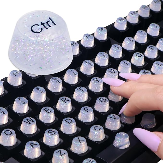 128 Raised Keyboard Stickers for Long Nails, Bling Keyboard Bubbles for Women with Letters, Soft Silicone Nail Art Typing Keycaps for Desktops (Clear, 128pcs)