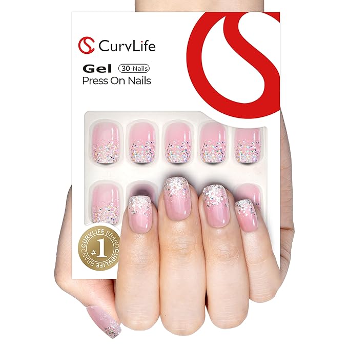 Curvlife Soft Gel Square Press on Nails Short, Shining French Nail Tips, 30pcs Full Cover Design Reusable Fake Nails Kit with Glue and Adhesive Tabs