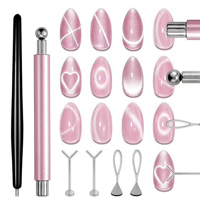 WOKOTO 6 PCS Cat Eye Magnet Set For Nails With 4 PCS Y&O-Shape Iron Stencils Set, Cylinder Nail Art Magnet Pre-Designed Magnets Pen for Heart Ring Cat Eye Patterns, Beginner-Friendly Quick Application
