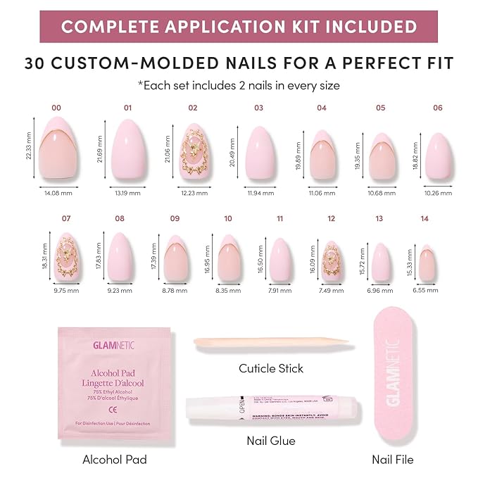 Valentines Day Glamnetic Press On Nails - Lover’s Crest | Short Almond Fake Nails in a Soft Blush Pink Hue, Vintage Angel Cherub Graphics, French Tips and 3D | 15 Sizes - 30 Nail Kit with Glue