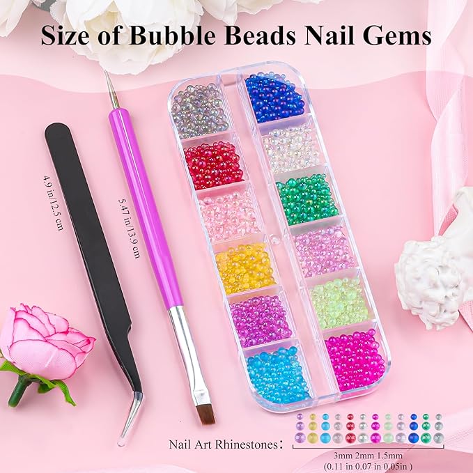 3D Mixed Sizes Bubble Beads Nail Charms Jewelry, 3D Aurora Bubble Beads Nail Charms Colorful Iridescent Mermaid Crystal Gems with Pickup Tools for Nails DIY Crafts Decorations(30-K1-3)