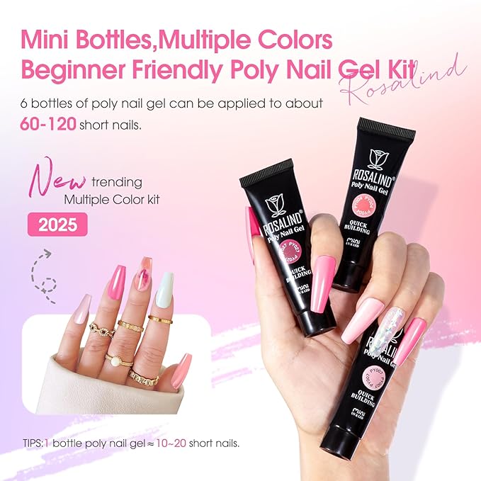 ROSALIND White Pink Glitter Christmas Poly Nail Gel Set, 6 Colors 0.34 oz/10 ml Nail Enhancement Thicker Gel Poly Extention Gels Nail Strengthener for Beginner, Manicure 3D Diy Set Need U V/LED Light