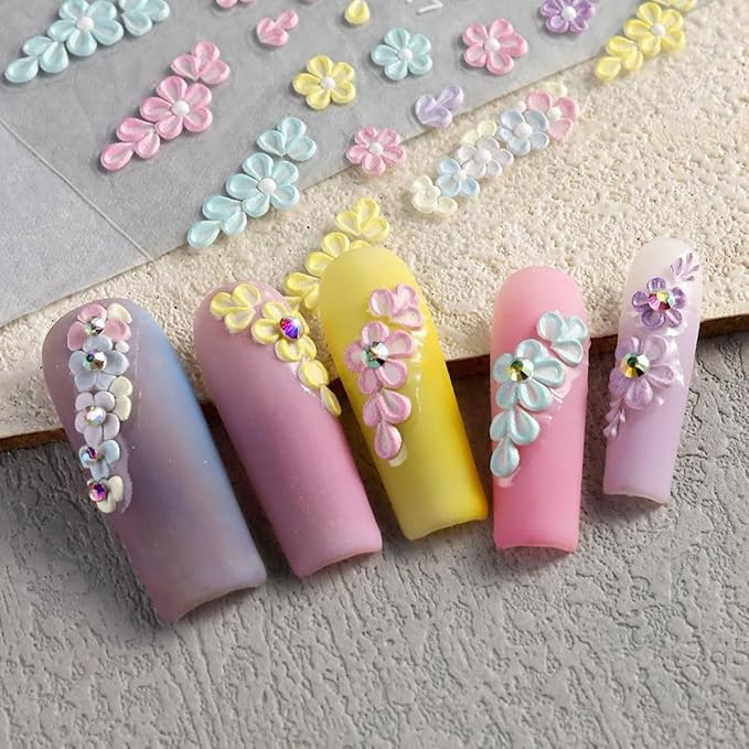 5D Embossed Flower Nail Art Stickers, Flower Nail Decals Nail Art Design Self Adhesive Nail Supplies Colorful Flower Nail Stickers for Women Manicure Decoration 4 Sheets…