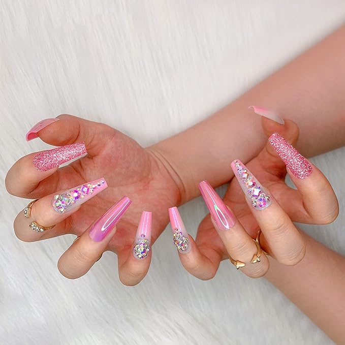 Artquee 36pcs Pink Ombre Crystal Press on Nails with 3D Rhinestones Mixed Pink Metal and Glitter Glossy False Nails Long Ballerina Coffin Flash Fake Nail Tips Manicure for Women