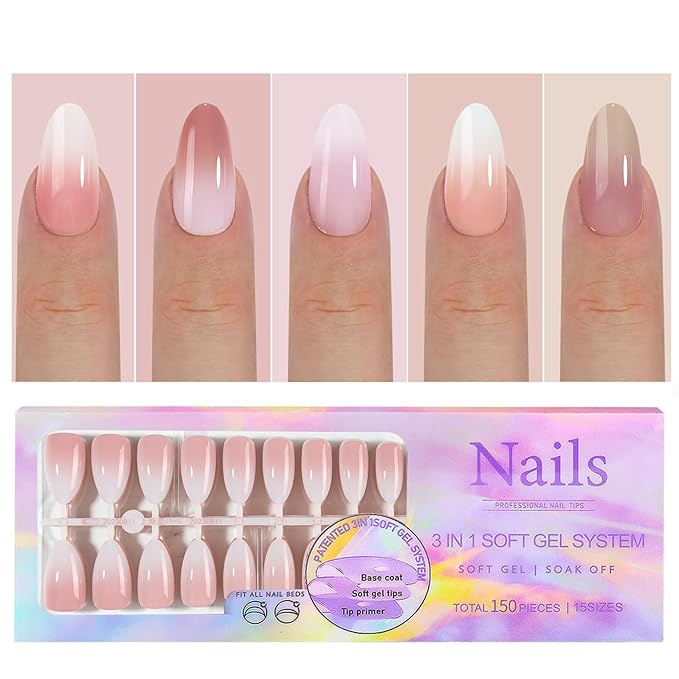 150 Pcs Almond Press on Nails - White Gradient Press on Nails Almond Acrylic Nails Nail Set Stick on Nails Nail Tips Almond Shape White Press on Nails for Gift