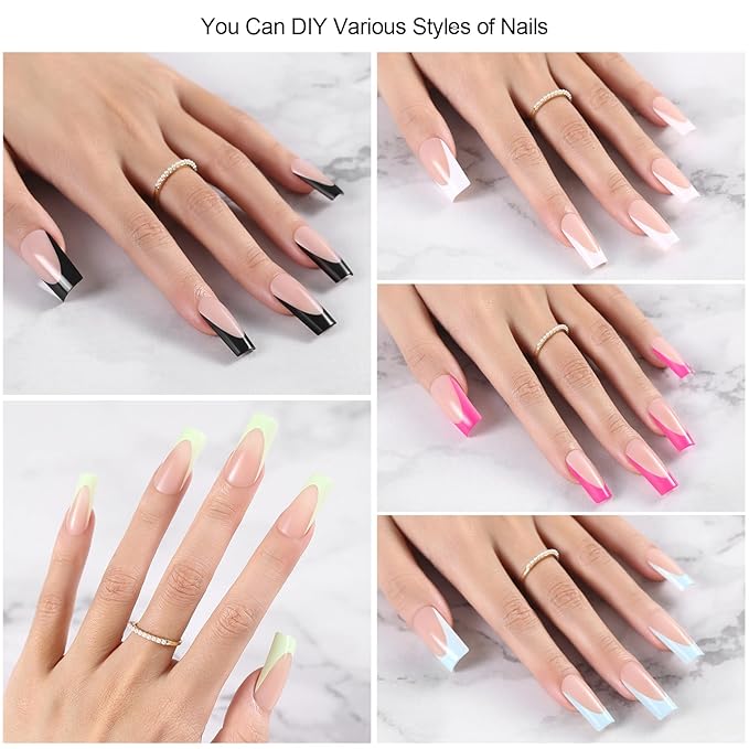 French Tip Press on Nails, 150pcs Square Long Soft French Gel Nail Tips in 15Sizes, 3 in 1 Pre-lasting Acrylic Fake Nails, No Need to File False Nail Tips Extension for Women Girl Nails DIY