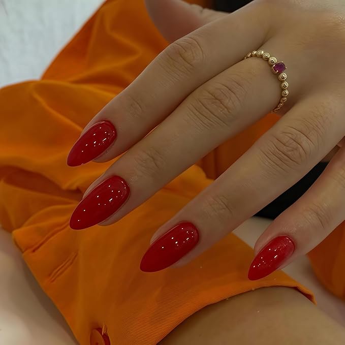 Red Press on Nails Almond Shaped 48Pcs Thick Fake Nails for Women, Medium Almond Nails Press on Reusable Acrylic Nails Glue on Medium Length Stiletto False Nails Gel Artificial Nails