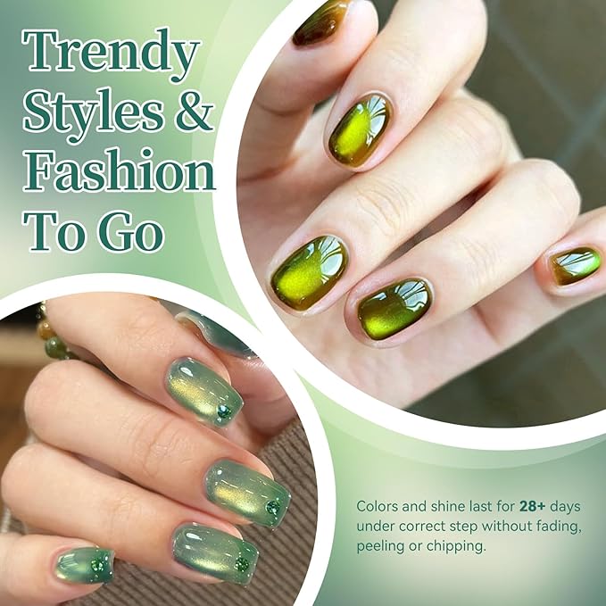 Born Pretty Green Cat Magnetic Eye Gel Nail Polish Jelly Olive Emerald Green Crystal Glass Magnetic Shimmer Glitter Nail Polish Salon Gel Manicure DIY at Home 7ML 6PCS
