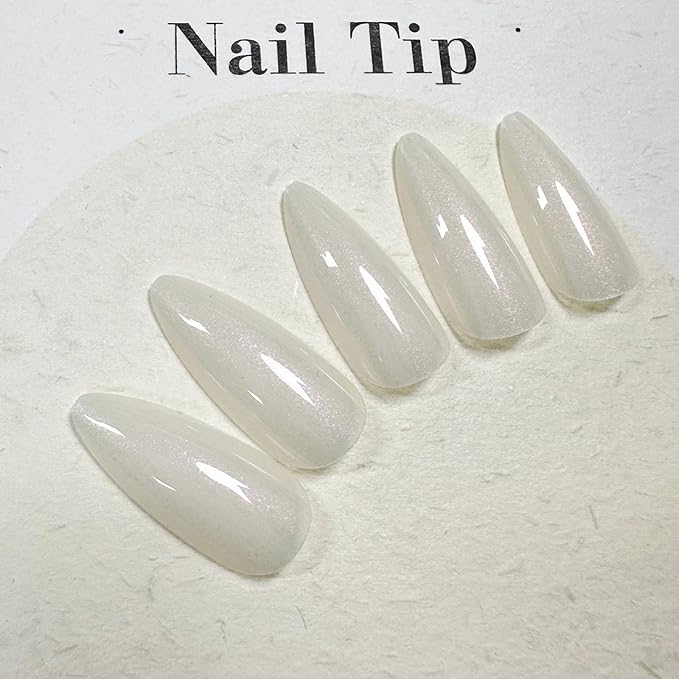 White Press on Nails - Medium Almond Fake Nails - with Designs Pearl White False Nails Press ons - Glue on Nails Chrome - Cute Acrylic Nail Artificial Stick on Nail for Women 24Pcs