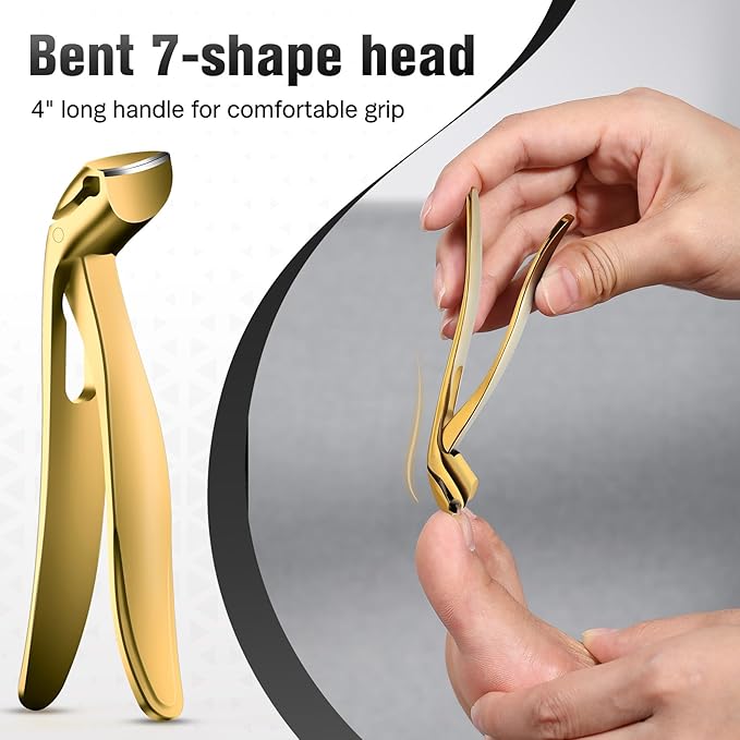FERYES Angled Head Long Handled Toenail Clipper for Seniors - Large Wide Jaw Nail Clipper with Catcher for Thick Nails - Easier Trimming, Ergonomic Design (Gold
