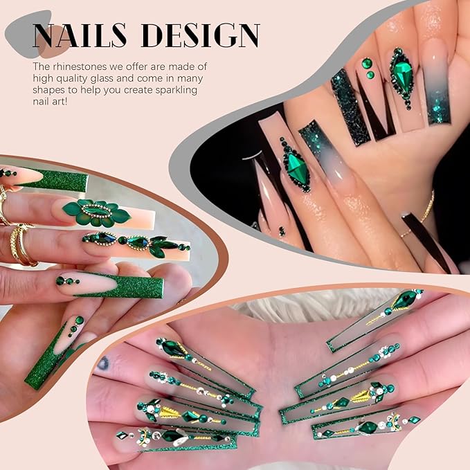 Emerald Green Glass Nail Rhinestones - 1680pcs Multi Shapes Flatback Gems + 1500pcs 1.5-4mm Round Crystal with Rhinestones Glue Gel for Nail Art