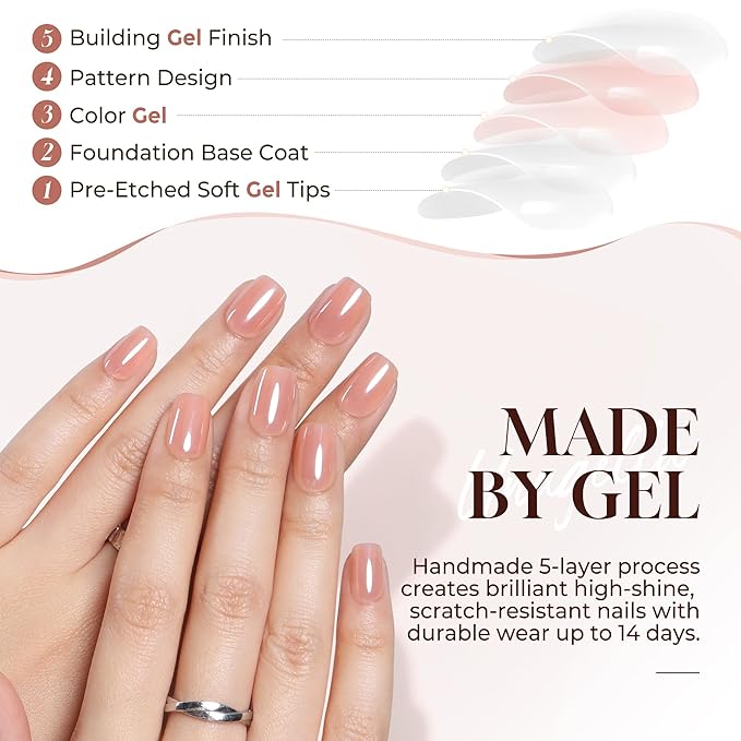 UNA GELLA Chrome Nude Press On Nails: Short Square Soft Gel Press Ons Kit with Nail Tips Glue on Nails, 16 Sizes - 32 Reusable Chrome Holographic Fake Nails Kit, Nude Pink