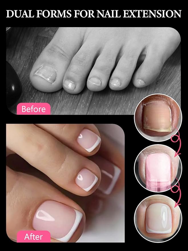 EBANKU Poly Gel Toenail Kit, Reusable Toe Dual Nail Forms with 2.5oz Slip Solution Poly Gel Nail Kit for Toe Nail Tips for Women with Double-end Brush, File, Clips, Liquid Container, 120PCS, 12 Sizes
