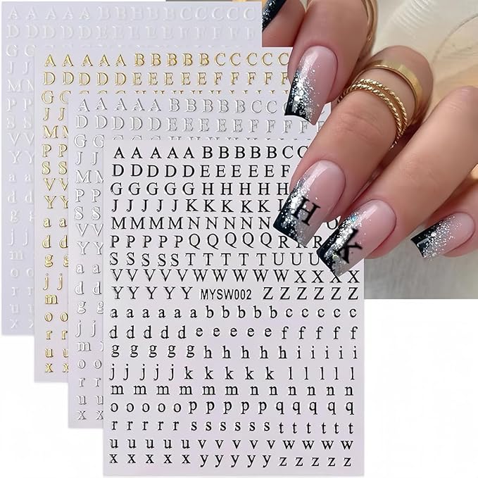 Letters Nail Art Stickers English Alphabet Nail Decals 3D Self-Adhesive Metallic Gold Silver Nail Sticker Black White Letter Nail Art Supplies for Women Girls DIY Pegatinas Uñas Manicure 8 Sheets…