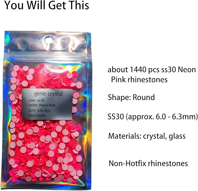 Genie Crystal ss30 Neon Hot Pink Flatback Rhinestones 576 Pcs, 10 Gross 4.8 mm Brilliant Luminous Glass Rhinestone for Tumbler Cup, DIY Crafts, Home Decor, Costumes Dancewear