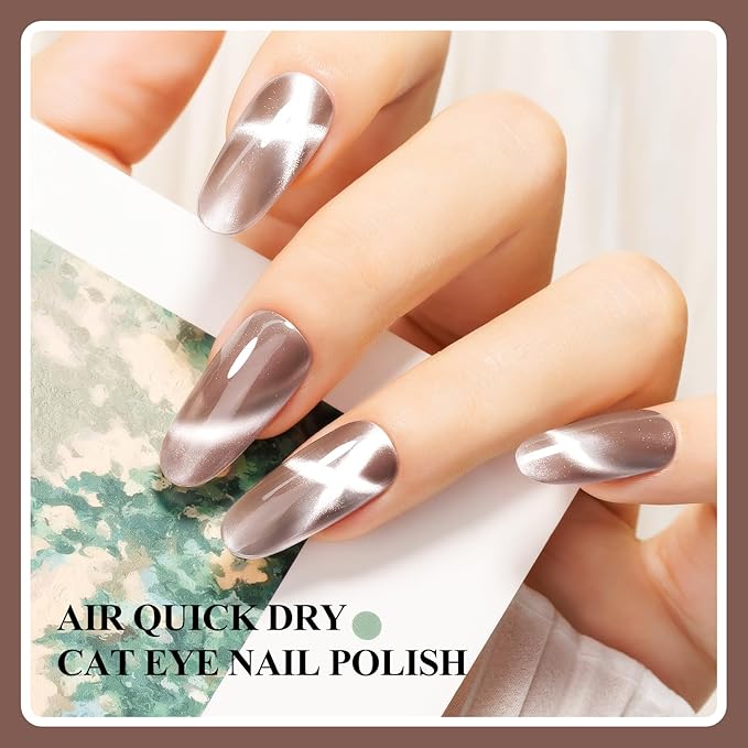 Cat Eye Nail Polish Air Dry Fast, Nail Polish Non Gel with Magnetic, Brown Metallic Nail Lacquer Holographic Fingernail Polish Mooncat Nail Concealer Polish For Nail Art Long Lasting 1PC