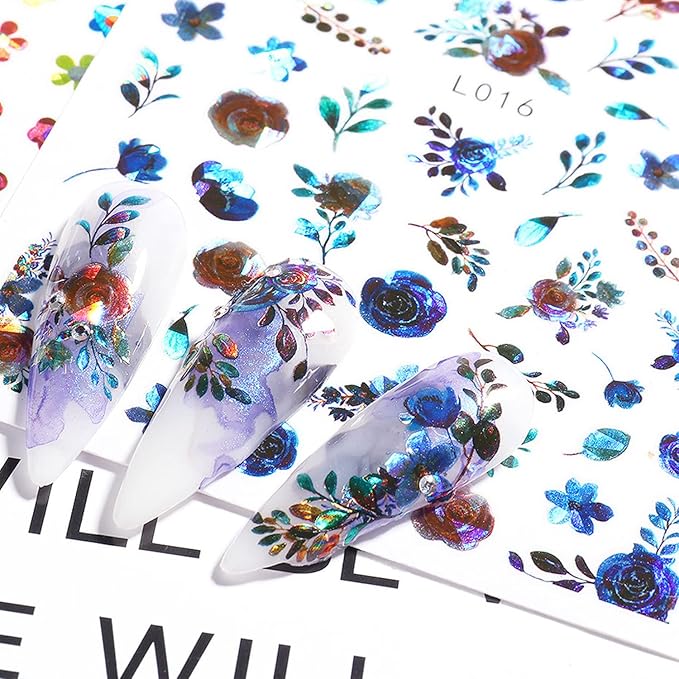Flowers Nail Art Stickers, 3D Floral Flamingo Parrot Peacock Feather Nail Self-Adhesive Sticker Designs, Laser Glitter Flower Nail Transfer Decals Supplies for Women Girls Manicure Charms Decorations