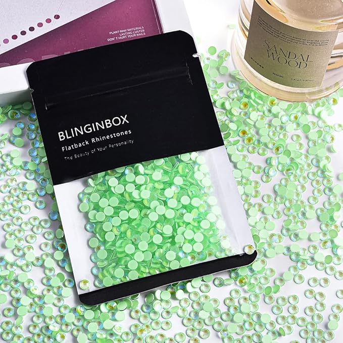 Blinginbox Flatback Rhinestones Round Gems, 1440pcs Luminous Series Glass Stones Neon Gems Non Hotfix Crystal Rhinestones for Nail Charms Crafts Clothes Tumblers,Mac. Mint AB Luminous,SS16.