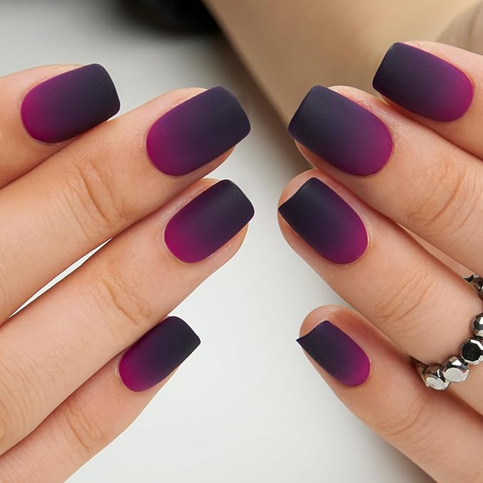 Curvlife Press on Nails Short Square Acrylic Fake Nails with Design Full Cover False Nails Reusable Nail Kit with Glue on Nails (Frosted Purple, 30pcs)
