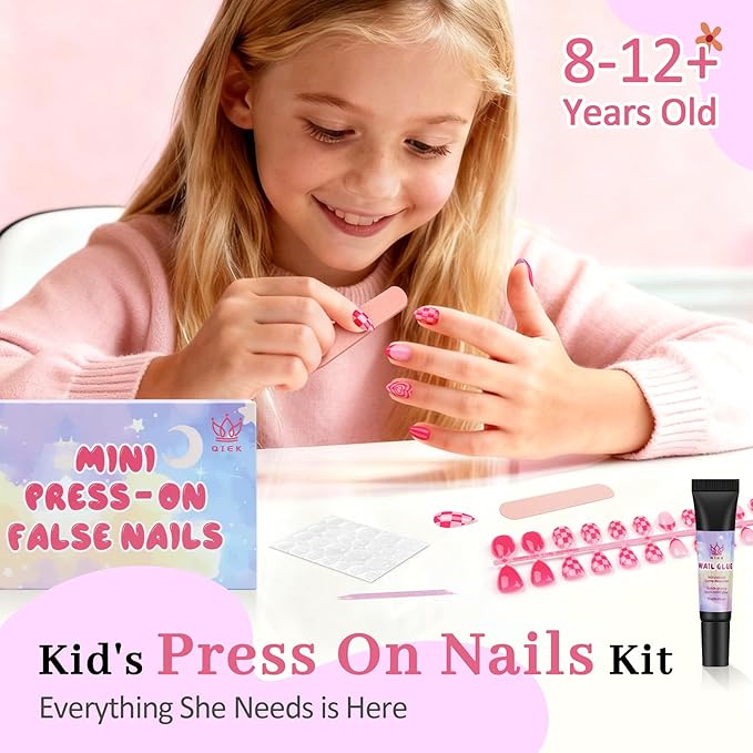 16 Sizes 128 Pieces Press on Nails for Kids, 4 pack Kids Nail Kit Colorful Flower Almond Fake Nail Tips for Girls 8-12 Years Old with Jelly Nail Adhesives & Nail Glue Birthday Gifts Easter