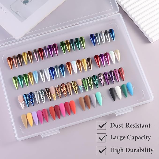 Nail Swatches Storage Box Press-On Nail Display Organizer Large Transparent Fake Nail Packaging Case with Double-Sided Adhesive Tape for Manicure Studio Salon Supplies