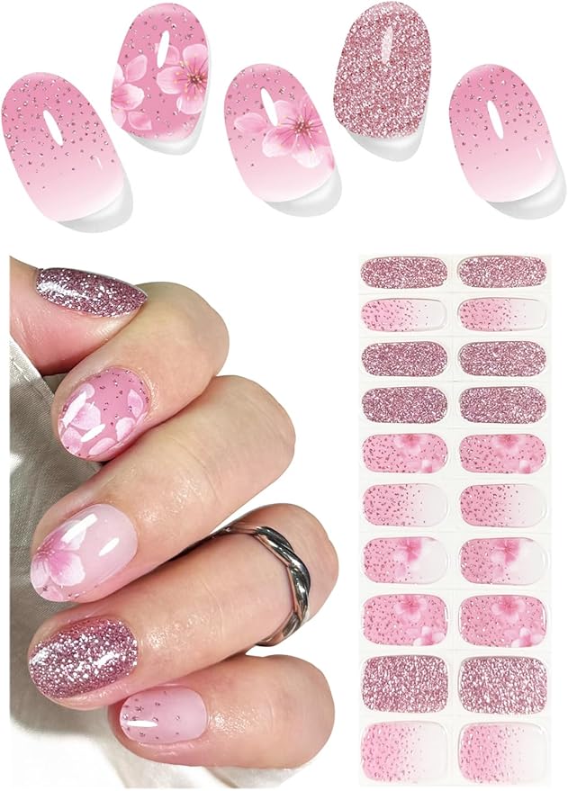 UV Gel Nail Stickers, Spring, Pink Sakura 20pcs Semi Cured Gel Nail Strips, Wraps for Home Manicure DIY
