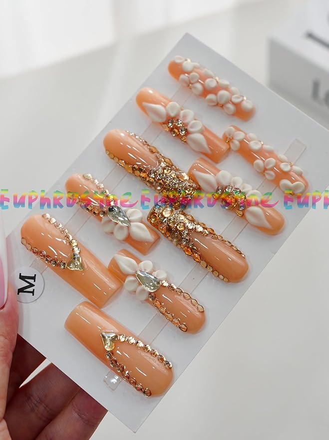 Euphrosyne Nude Pink Long Press On Nails – 10pcs Handmade Fake Nails with Rhinestones & 3D Flowers | Bridal Wedding Party Gifts