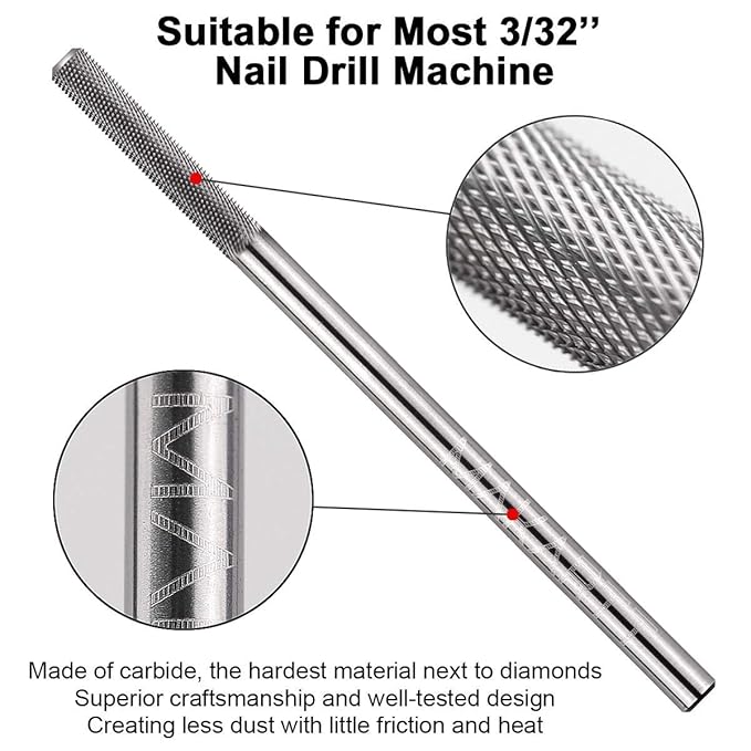 Makartt Cuticle Nail Drill Bit - Safety Tungsten Carbide Cuticle Remover Drill Bit Needle Bit Under Nail Cleaner Dead Skin Nail Prepare 3/32'' for Electric Nail File Nail Buffer Bit-3XF (Silver,Fine)