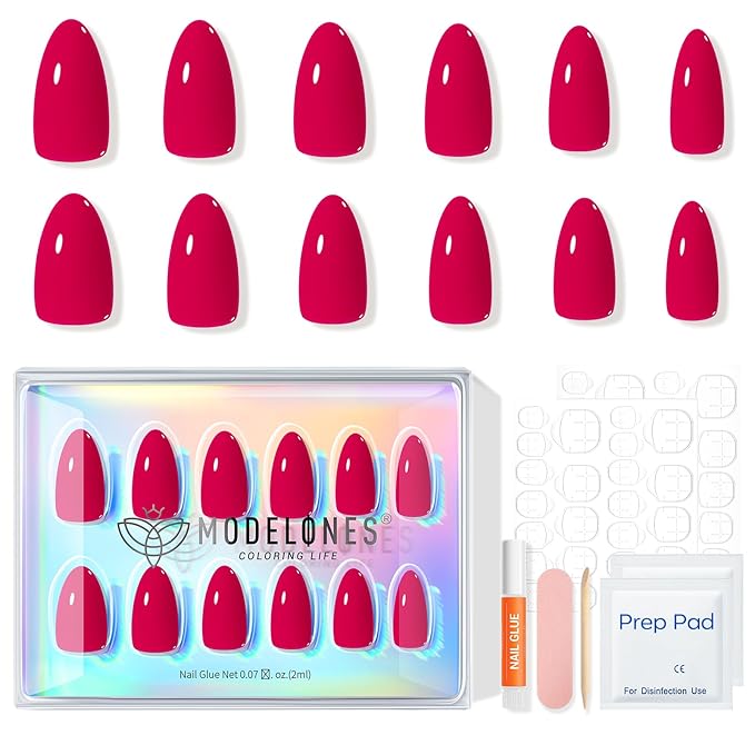 Modelones Press on Nails Almond, Raspberry Spring Short Fake Nails, Reusable Nail Kit with Nail Glue Adhesive Tabs Mini Nail File, Nails Press Ons 32Pcs 16 Sizes, Women Girl Gift ﻿