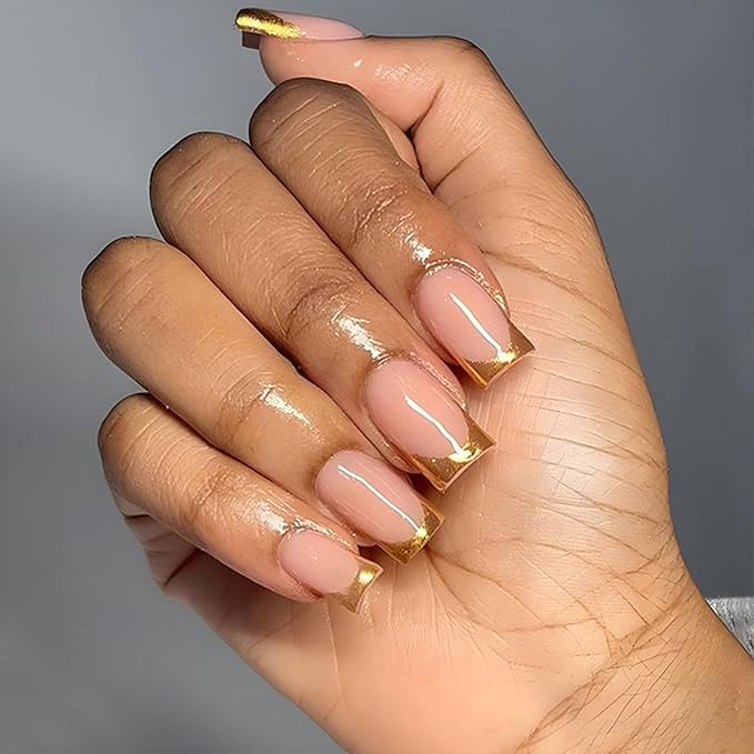 Gold Press on Nails Medium Gold French Tip Fake Nails Square Shape False Nail Tips Nude Pink Full Cover Glue on Nails Medium Length Stick on Nails Glossy French Tip Nails Press ons for Women 24 Pcs