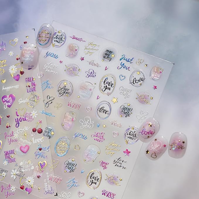 5D Embossed Valentines Nail Art Stickers Self-Adhesive Letter Nail Stickers Retro English Alphabet Heart Star Circle Designs Cute Nails Valentines Day Nail Decals for Women Manicure Supplies DIY