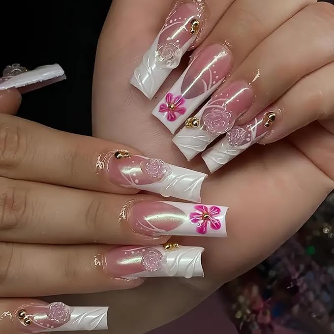 Press on Nails Coffin Long Length Acrylic Glossy Full Cover Square Shaped French False Nails with Designs Artificial Extra Long Fake Nails with Charms Glue ons Fingernails for Women(XXS221)
