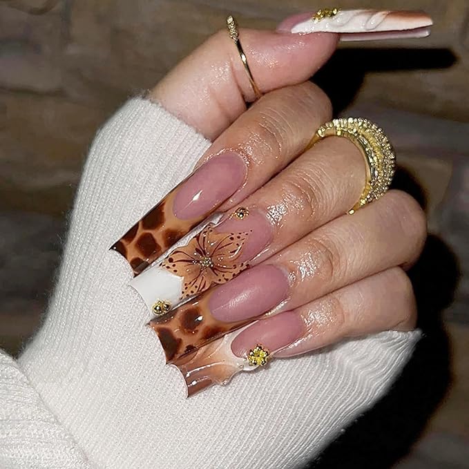 Long Square Press on Nails Fake Nails Artificial Nail Stick on Nail for Women Chic Brown & Gold Design with 3D Flowers, Leopard Print, and Gold Dots 24Pcs
