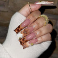 Long Square Press on Nails Fake Nails Artificial Nail Stick on Nail for Women Chic Brown & Gold Design with 3D Flowers, Leopard Print, and Gold Dots 24Pcs