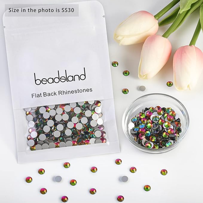 Beadsland Flat Back Crystal Rhinestones Round Gems for Nail Art and Craft Glue Fix, Rainbow, 6.3-6.5mm, SS30/288pcs