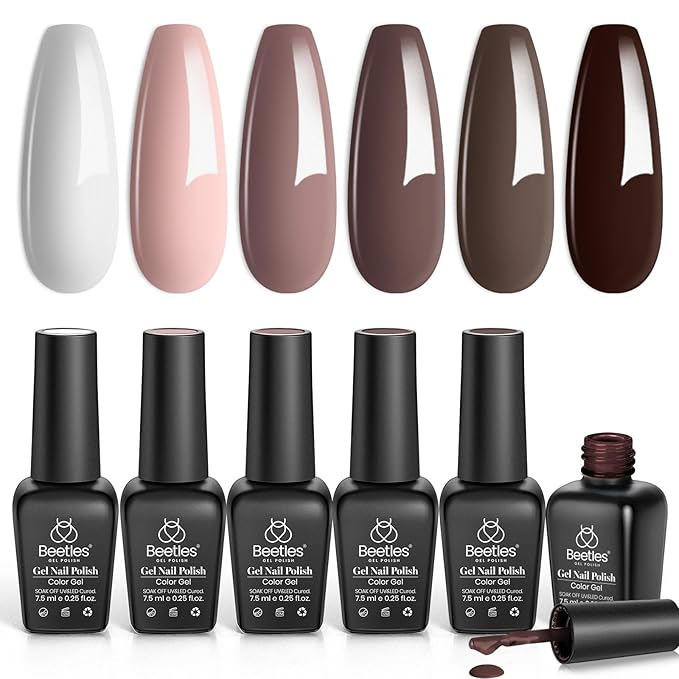 beetles Brown Gel Polish Set - 6 Colors Coffee Brown White Neutral Pink Nude Gel Nail Polish Caramel Cappuccino Soak off Uv Led Lamp Needed Nail Art DIY Spring Manicure Spring Gift Set