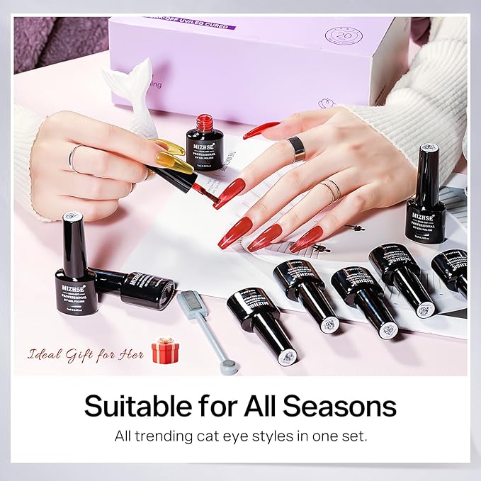 MIZHSE Cat Eye Gel Nail Polish 20 Colors, Ceramic Magnetic Gel Polish Set with Magnet Stick, Trendy Colors Cateye Effect Soak Off Nail Art Salon Home DIY Gift for Women
