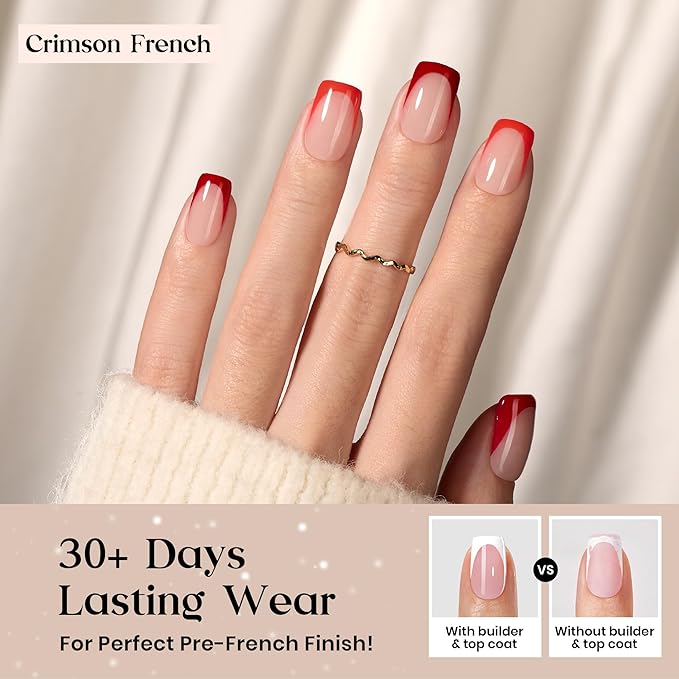 Beetles X Press Plus Red French Tip Nails - Crimson French | 5 Colors Press On Nails Short Square | 160Pcs 16 Sizes All-in-One Kit With Nail Glue,Remover,Builder Top Coat,Nail Lamp Gift