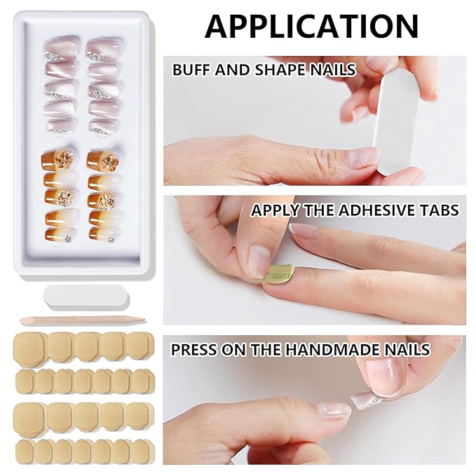 2 Packs Press On Nails Handmade Rhinestones Charms DIY Reusable Adhesive Tabs False Fake Nail, Set #01, Size S