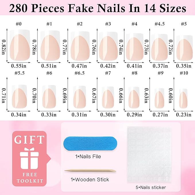 280pc French Tips Press on Nails Medium Square Fake Nail with Glue Tabs, French Tips Glue on Nails Press on Nail Square Acrylic Nails Medium Artificial Fingernails Women Girls Pale Nude False Nails