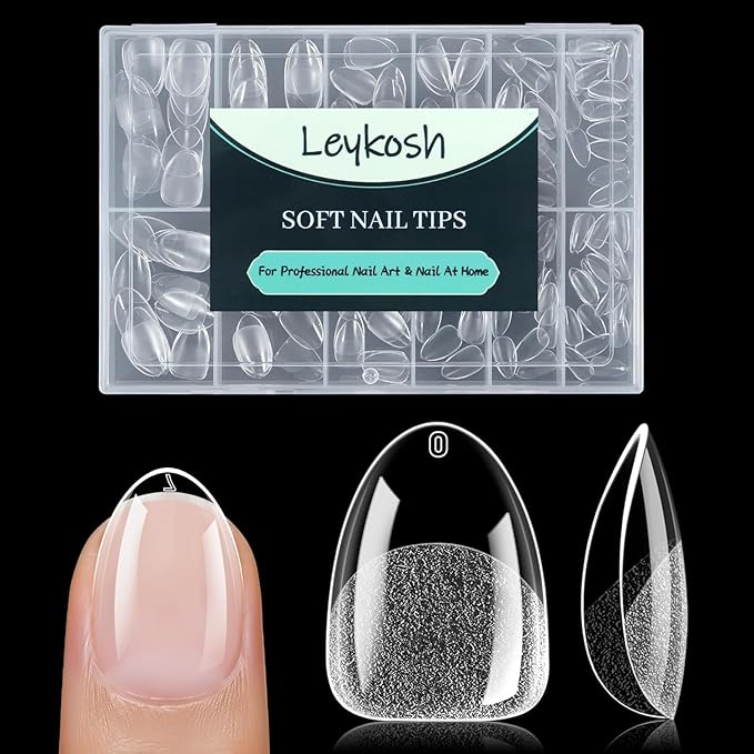 Extra Short Almond Nail Tips - 216pcs Soft Gel Full Cover Fake Nails, 70-Grit Pre-Sanded Matte Clear Press on Nails for Extension, DIY Home Manicure with 12 Sizes