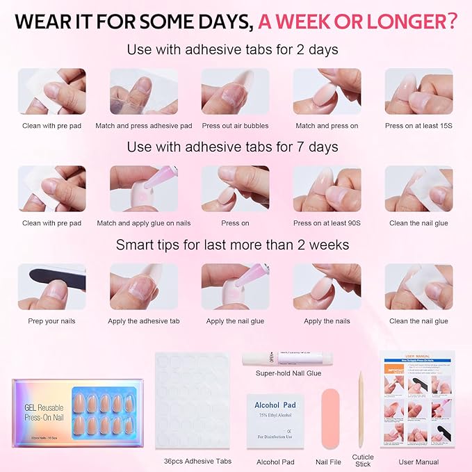 Press On Nails - Short Findigit Square Pink False Nails, Reusable Stick On Fake Nails with Glue Salon Quality 16 Sizes - 32 Nail Kits, Square Grace