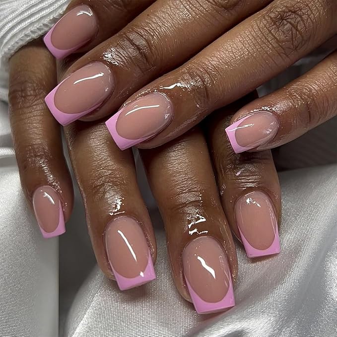 Press On Nails - Short French Tip Fake Nails, Purple & Pink, Acrylic, Glossy Glue, Full Cover, Artificial, 24PCs