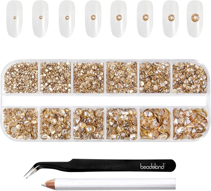 Beadsland Rhinestones for Makeup,8 Sizes 2500pcs Gold Flatback Rhinestones Eye Gems for Nails Crafts with Tweezers and Wax Pencil,Golden Shadow,SS4-SS30